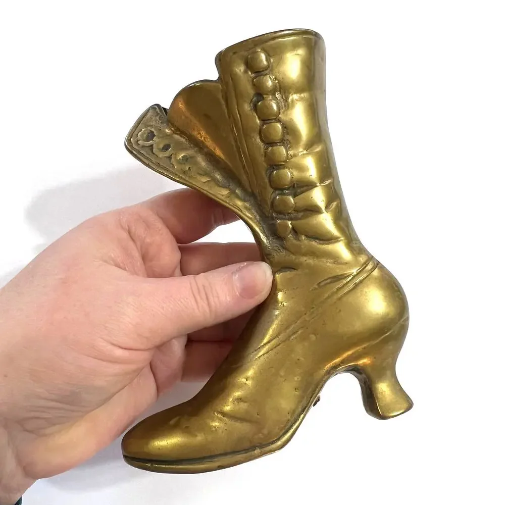 Vintage Brass Victorian Boot Figurine Collectible Decorative Vase Planter MCM